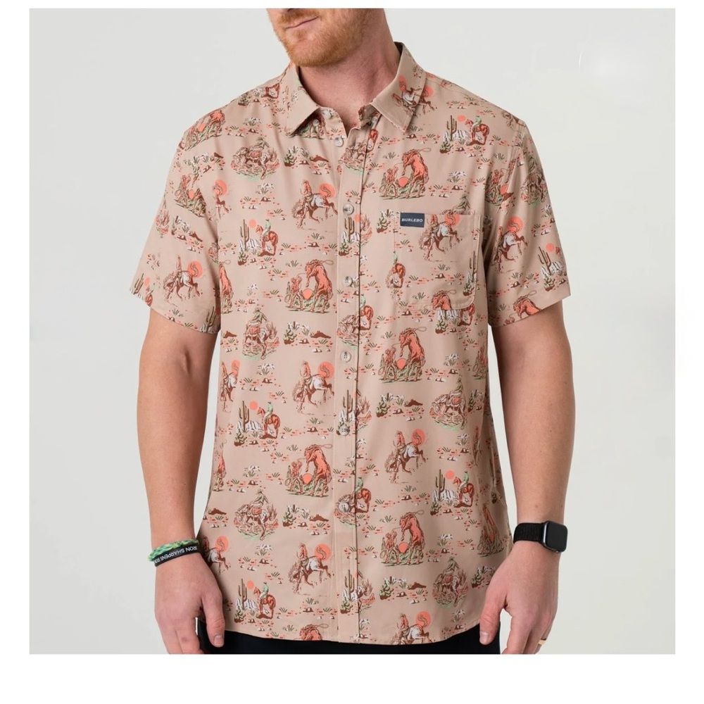 Burlebo Men's Performance Button Up Short Sleeve Shirt - Cowboy up khaki